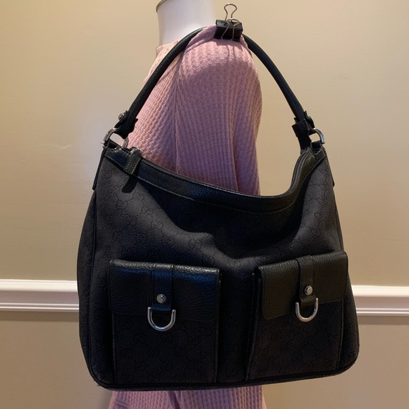GUCCI Abbey Black Monogram D Ring Pocket Hobo Bag - Picture 2 of 15